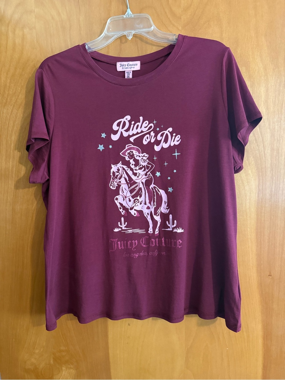 Juicy Couture Burgundy Graphic 'Ride or Die' Short Sleeve Tee